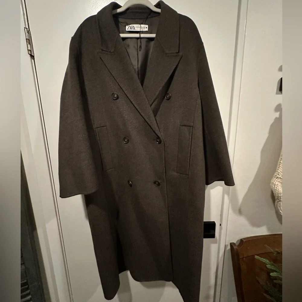 Zara Women's Oversized Brown Marl Wool Blend Double Breasted Coat - Picture 2 of 5